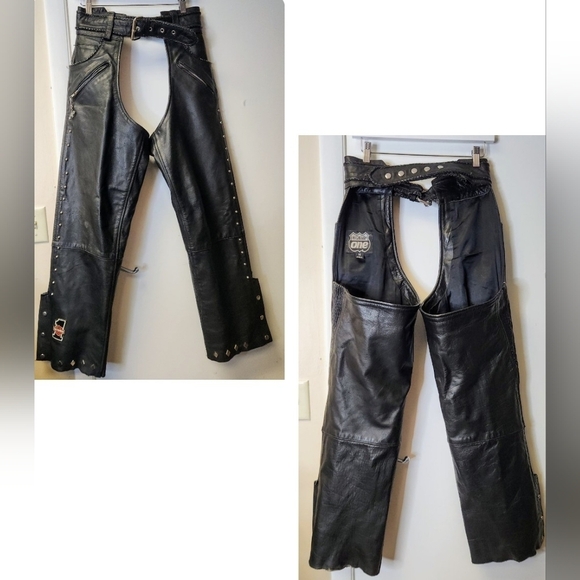 Highway Leather Black Low rise Motorcycle Leather Chaps Studded Biker Size M - Picture 1 of 17